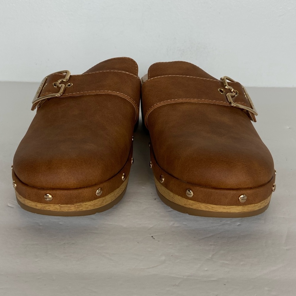 Dr. Scholl's Brown Leather Clog Mules with Gold Buckle - Picture 2 of 12